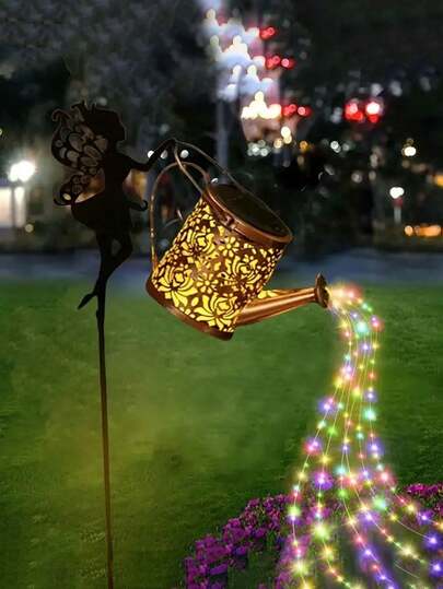 2pcs/1pc Solar Watering Can Outdoor Garden Landscape Lighting, Solar Fairy Watering Can String Lights, Outdoor Polished Nickel Metal Battery Garden Decor Lights