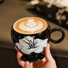 Black & White Contrast Lily Flower Pattern Ceramic Coffee Mug, Classical Elegant Bulbous Shape Teacup, Large Capacity For Home & Office, Afternoon Tea, Unique Gift - Multicolor - View 10