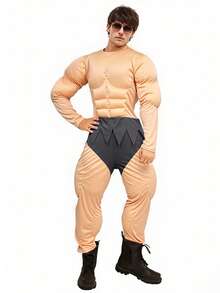 Adult Muscular Man Costume, Role Play Jumpsuit With Fake Abs For Halloween, Easter Party - Apricot - View 4