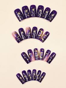 [Ramadan] 24pcs Medium Square Starlit Sky Black False Nails With Artistic Embossed Moon & Star Designs, Full Cover Stick-On Acrylic Nails For Women & Girls - Multicolor - View 3