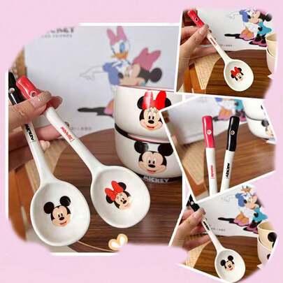 Disney 卡通米奇米妮陶瓷情侣长柄牛奶勺，可爱冰淇淋甜点勺，家用餐具