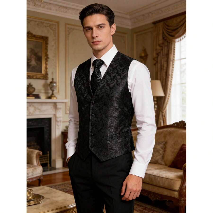 Men's Single-Breasted Sleeveless Summer Suit Vest - Black - View 1