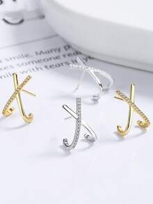 1颗S925纯银立方氧化锆X形极简奢华耳钉，适合耳垂、耳骨、耳廓及其他耳部穿孔部位。 - 單隻 - 查看 4