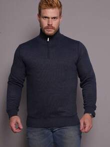 Men's Long Sleeve Sweater With Zipper At The Collar - Navy Blue - View 7