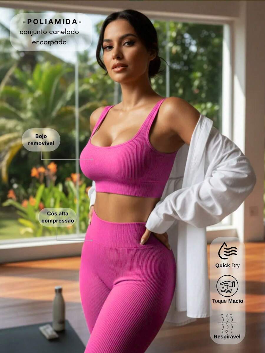 Fitness Set In Ribbed, Thick Polyamide - Top And Leggings - High Compression - Rosa Fucsia - Ver 1