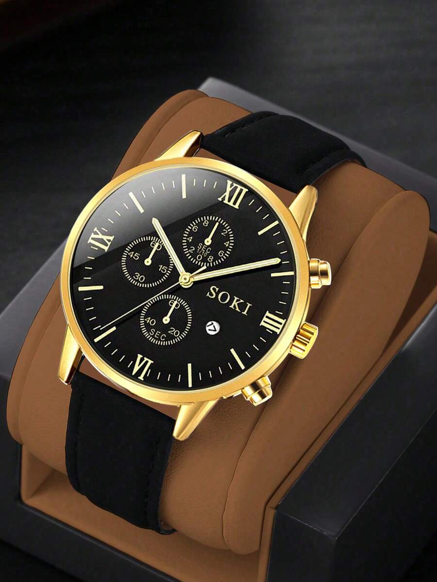 SOKI SOKI 1 chiếc đồng hồ nam có chức năng lịch, mặt tròn thời trang, máy quartz, dây đeo PU, thích hợp đeo hàng ngày, làm quà sinh nhật, quà dự tiệc, quà tặng ngày lễ, quà tặng lý tưởng cho bản thân hoặc bạn bè. Không kèm hộp đựng.