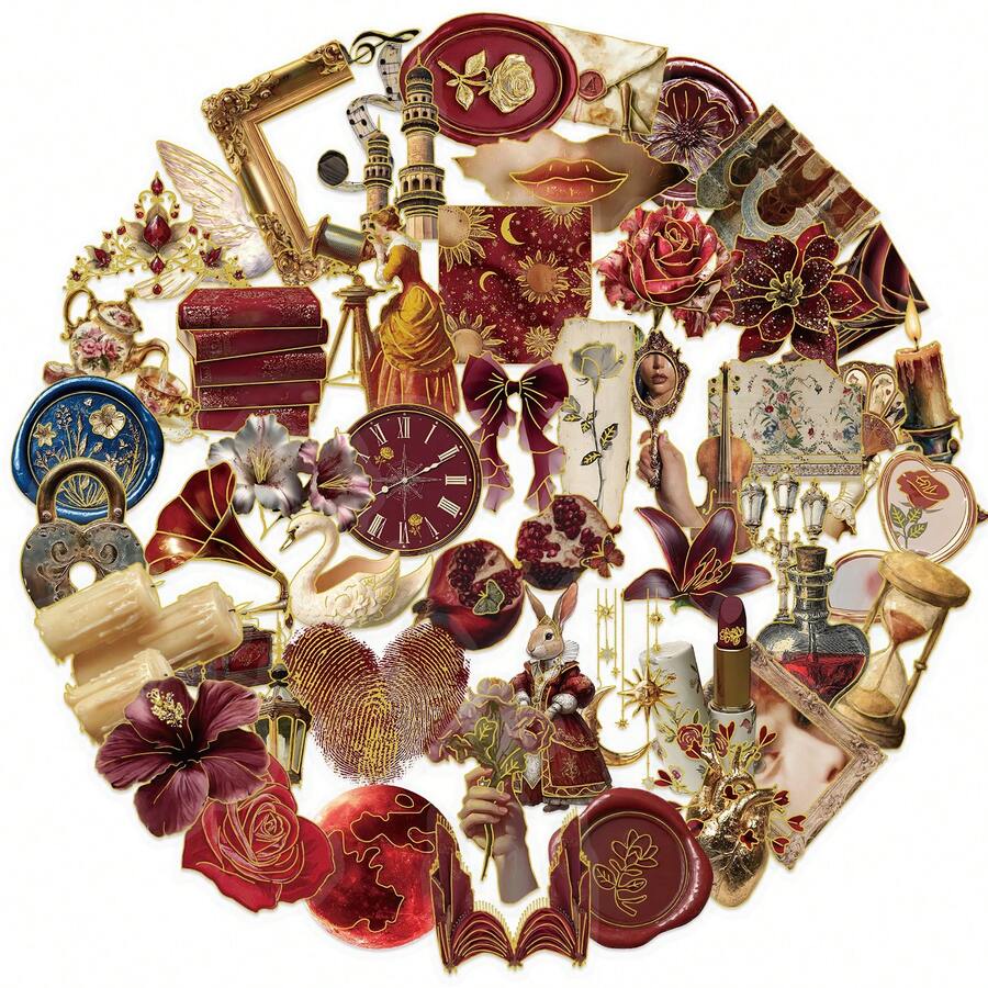 50张复古欧式宫廷风格金箔贴纸，创意涂鸦贴纸，办公用品，手机电脑贴纸，高性价比，防水，酷炫贴纸，趣味十足，经典礼品装饰，超值装，可爱卡通贴纸 - 50pcs - 查看 1