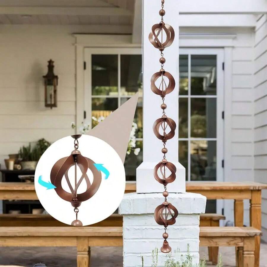 1 pieza Cadena de lluvia giratoria de 44 pulgadas - Bajante decorativa de hierro con campanas, drenaje resistente a la intemperie y decoración para el jardín, adecuada para patio, porche, jardín, diseño tradicional con detalles exquisitos, tratamiento superficial resistente a la intemperie