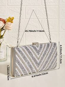 Diamond & Pearl V-Shaped Evening Clutch Box-Shaped Bag For Attending Balls & Parties, Luxury Women's Handbag, Socialite Hand Bag, Crossbody Chain Shoulder Bag, Fashionable & Versatile - Silver - View 6