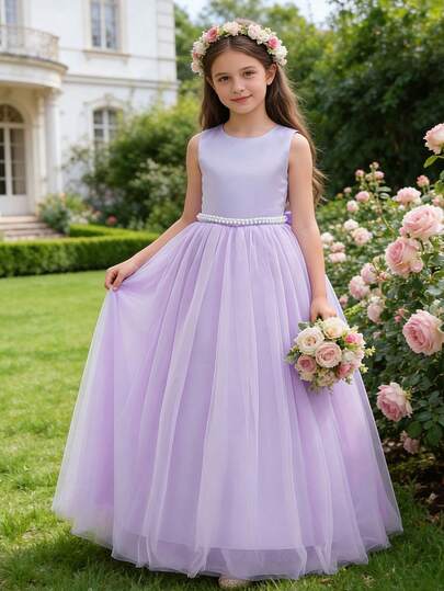 Vestido de tul con lazo y perlas falsas de color púrpura claro elegante para niña preadolescente, adecuado para boda, vestido de princesa, vestido de graduación, vestido de noche, fiesta de cumpleaños, Navidad