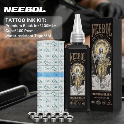  Neebol Tattoo Kit - Premium Black Tattoo Ink 100ml + Water-Resistant Tape 5m+ Ink Cups 100pcs, Super Dark Black Ink For Outlining, Shading & Blending, Vibrant & Bright, Standard Pigment, Tattoo Protection Transparent Film, Tattoo Supplies, Body Art Valentine's Day Gift For Beginners And Artists