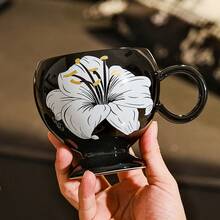 Black & White Contrast Lily Flower Pattern Ceramic Coffee Mug, Classical Elegant Bulbous Shape Teacup, Large Capacity For Home & Office, Afternoon Tea, Unique Gift - Multicolor - View 2