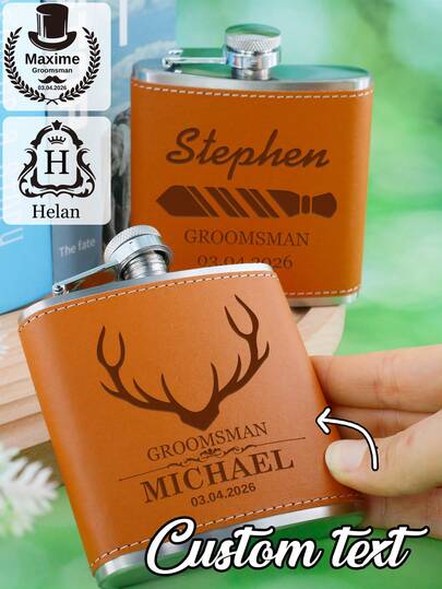 Custom Pu Leather Hip Flask With Text, Personalized Whiskey Flask Gift For Groomsman Or Best Man, Customized Pocket Alcohol Flask For Wedding Party, Customizable Birthday Or Anniversary Gift For Him, Kitchen, Living Room, Father, Groom, Couple Gifts