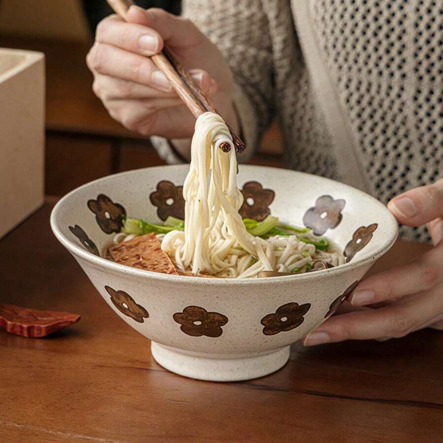 1 pieza Tazón de cerámica de pie alto de 7 pulgadas, tazón de sopa reforzado, tazón de fideos para restaurante - Multicolor - Ver 1
