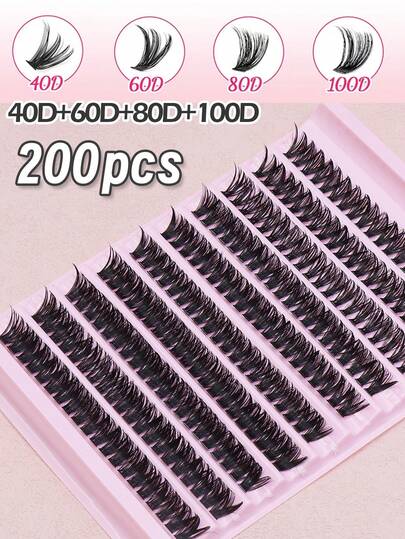 200 piezas de racimos de pestañas esponjosas, pestañas individuales mixtas 40D/60D/80D, extensiones de pestañas en racimos gruesas, rizo D, pestañas en racimos finas, adecuadas para viajes, uso diario (principiantes), boda, cita, fiesta, vacaciones, también una excelente opción para el set de pestañas de Navidad/Halloween/regalo