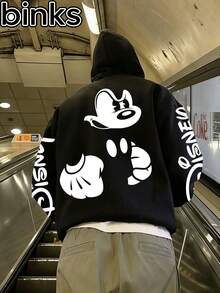 Disney Binks (Double-Sided Printing): Mickey Mouse Element Printed Hooded Sweatshirt, High Street  Loose Fitting Pullover, Autumn And Winter Fashionable Versatile Top, Holiday Gift, Retro Print. - màu đen - Xem 1