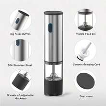 Rechargeable Electric Pepper Grinder, Salt & Spice Grinder With Adjustable Coarseness, One-Handed Operation, Automatic Grinding For Sesame, Cumin, Chili Pepper And Other Seasonings, Essential Kitchen Tool - Multicolor - View 7