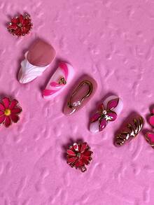 10PCS Women Nails Press On Nails Handmade Valentine's Day Pink Nails Gold Line 3D Floral Design Acrylic Material Reusable Easy Apply Remove Ins Style Handmade Press On Nail Set With Nail Charms Nail Glue Nail Stickers - Multicolor - View 5