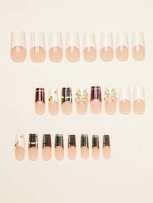 24片中号方形亚克力美甲贴纸，复古樱桃红和深绿色格子法式美甲贴纸，奢华金色珠子和金属蝴蝶结白色边框全覆盖假指甲，适合女性和女孩，包含1张胶纸和1个迷你指甲锉，随机发货 - 彩色 - 查看 3