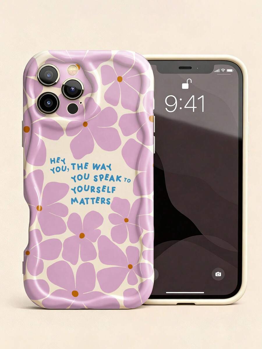 1pc Refreshing Floral & Positive Slogan Pattern Cream Asymmetrical Wavy Edge Unique Soft Phone Case Compatible With IPhone 11/12/13/14/15/16/17 Pro Max - Multicolor - View 1