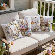 4件套复活节兔子、花卉和彩蛋图案抱枕套，单面印花，适用于客厅、卧室、家居装饰，四季皆宜 - 彩色 - 查看 10