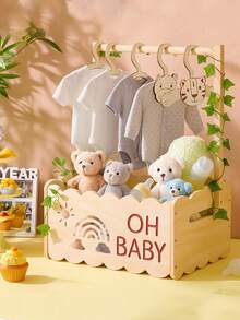 1 Set Wooden Storage Box And Hanger, Baby Shower Decor, Jungle Animal Pattern Clothes Hanger, Baby Garment Rack, "Oh Baby" Design Baby Storage Box, Wooden Storage Basket, Baby Shower Doll Storage Box, Wardrobe Hanger, Gender Reveal Party Decor, Bedroom Storage, Wardrobe Decor, Home Decor, Baby Party Decoration, Gift For Baby Boy And Girl - Natural Wood Color - View 2