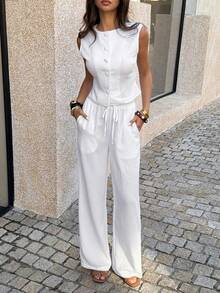 PoPoHouse Women's Elegant White Two Pieces Set Summer Holiday Beach Vacation Outfit Daily Casual Commutic Office Chic Going Out Set Sleeveless Buttoned Top & Wide-Leg Pants Suit - White - View 9