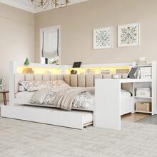 MERAX Full Size Daybed With Storage Shelves,Trundle,Charging Station,LED Light,Desk And Upholstered Headboard And Backrest,White+Beige-Trundle - Giường cỡ lớn - màu trắng (có giường kéo phụ) - Xem 3