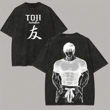 Jujutsu Toji Fushiguro Vintage Washed Oversized T-Shirt, Black Monochrome Graphic Tee With Kanji "Tomodachi", Japanese Manga Loose Fit Short Sleeve, Anime Shirt,Mens Clothes, Mens T Shirts, Y2k Clothes - 黑色 - 查看 1
