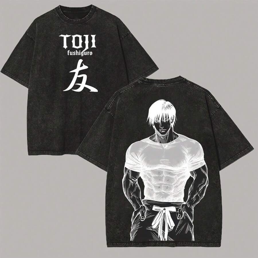 Jujutsu Toji Fushiguro Vintage Washed Oversized T-Shirt, Black Monochrome Graphic Tee With Kanji "Tomodachi", Japanese Manga Loose Fit Short Sleeve, Anime Shirt,Mens Clothes, Mens T Shirts, Y2k Clothes - 黑色 - 查看 1