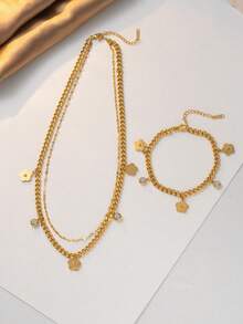 一套不锈钢花朵吊坠项链和手链组合，简约优雅风格，经典时尚休闲，适合情人节、斋月、节日、日常佩戴、派对、送礼（OPP袋包装盒仅用于拍摄） - 金黃色 - 查看 3