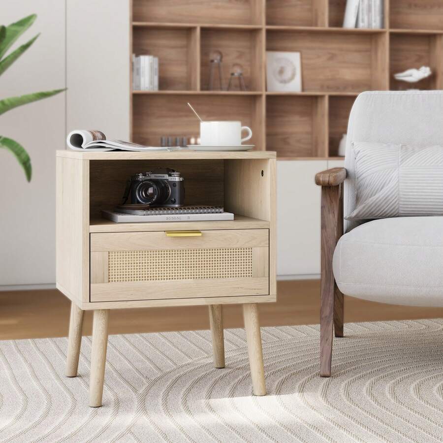 Rattan Bedside Table With Open Shelf And Gold Handle, 45 X 40 X 55 Cm, 1 Piece. - Beige - View 1