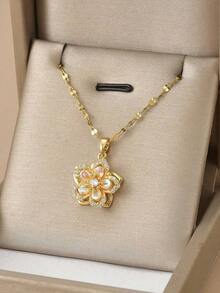 1 Piece Stainless Steel Rotating 5-Petal Flower Necklace, Suitable For Women's Daily Wear, Gold-Colored Women's Necklace, High-Quality 18K Gold Necklace, Women's Jewelry Necklace, Halloween Gift, Christmas Gift, Women's Accessory - 黃金4 - 查看 3