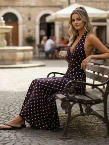 Vestido largo de mujer con cuello halter, sin mangas, espalda descubierta, estampado de lunares, estilo veraniego y fluido. - Café - Ver 7