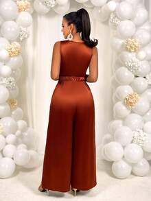 AIJ Amarilo Women's Solid Satin Wide Leg Jumpsuit - Sleeveless Cinched Waist, Elegant For Commuting, Spring/Summer - Reddish Brown - View 2