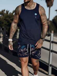 Men's Tropical Print Vest And Shorts Beach Outfit, Casual Holiday - Multicolor - View 1