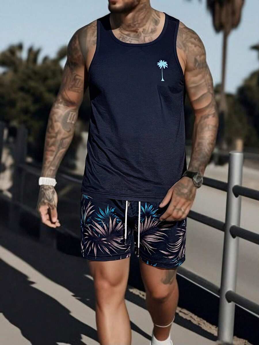 Men's Tropical Print Vest And Shorts Beach Outfit, Casual Holiday - Multicolor - View 1