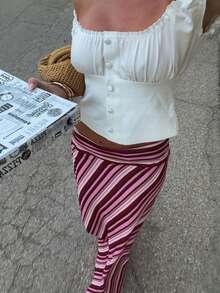 条纹半身裙，腰部设计，缎面垂褶，复古法式风格显瘦半身裙，适合度假、海滩和夏季日常穿着。 - 彩色 - 查看 2