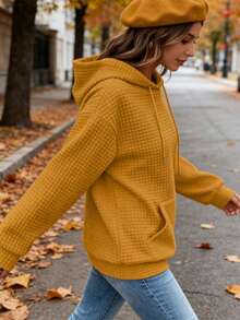2026 New Women's Styles For Early Spring European & American Style Waffle Knit Texture Hooded Drawstring Kangaroo Pocket Loose Sweatshirt, Soft & Comfortable, Multiple Colors Available, Versatile For Commute, Gym, Casual Wear & Vacation, Bestselling Top - 黃色 - 查看 3