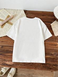 女童K-Pop主题短袖T恤，宽松版型，适合日常上学和春夏穿着。 - 白色 - 查看 3