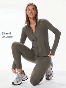 Slim-It Streamline Performance Secure Pockets Zip Up Long Sleeve Jacket Low Impact Yoga Daily Fall Glowmode Gym Clothes Women - Xám - Xem 1