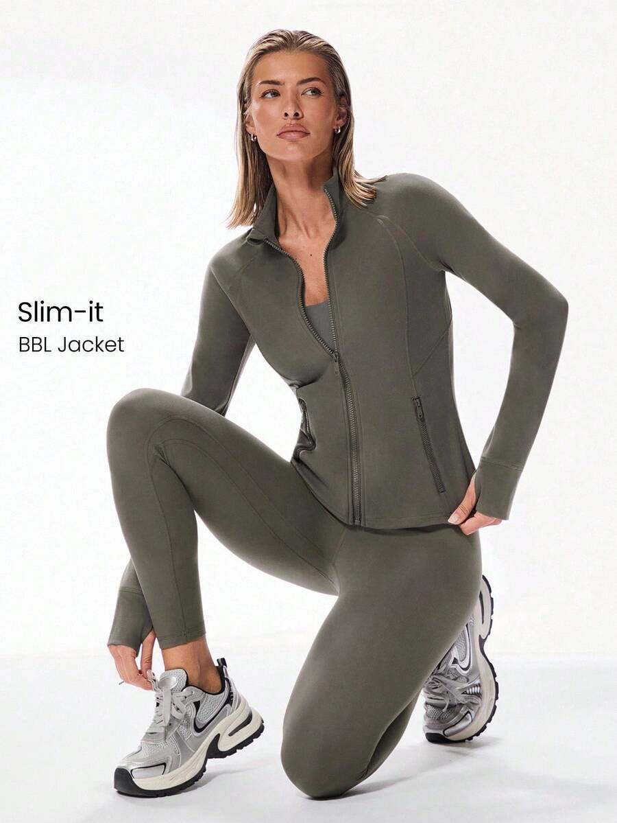 Slim-It Streamline Performance Secure Pockets Zip Up Long Sleeve Jacket Low Impact Yoga Daily Fall Glowmode Gym Clothes Women - Xám - Xem 1