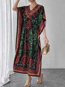 Loose V-Neck Allover Print Dress, High-End Quality Casual Reversible Tie-Waist Slimming Holiday Dress, Middle Eastern Arabic Style Long Robe Gown, Traditional Arab Clothing, Perfect Festival Gift For Ramadan, Eid, New Year - Green - View 3