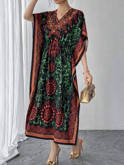 宽松V领印花连衣裙，高端品质休闲双面系带显瘦假日连衣裙，中东阿拉伯风格长袍，传统阿拉伯服饰，斋月、开斋节、新年完美节日礼物