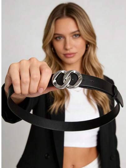 Y2K 双环扣宽腰带 黑色亮面 PU 皮革 辣妹风束腰带