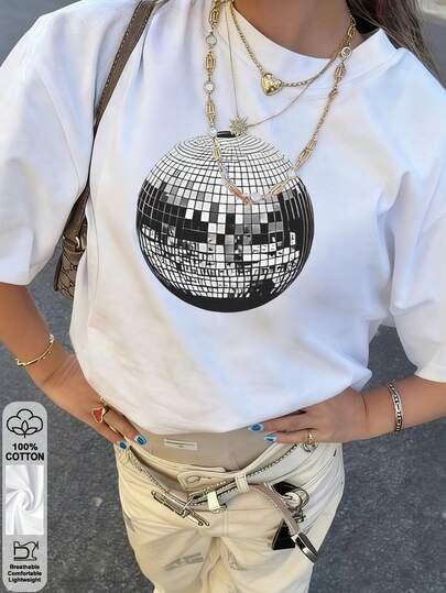 Lente/Zomer Oversized Tops, 100% Katoenen Tops, Dames Effen Ronde Hals T-shirts met Korte Mouwen, Zacht en Comfortabel, Casual, Streetwear, Retro Disco Disco Glitterende Discobal Print, Y2K, Top, Zomer, Lente, T-shirt, Gym, Sport, Feesttop, Blouse, Romwe, Vintage, Carnaval, Valentijn, Maija, Tops voor Dames, Tops Damen, Lente Outfit, Jersey, Ropa Invierno De Mujer, Verano Mujer, Leuke T-shirts, Vakantie, Strand, Casual, Jaren 90 Kleding, Leuke Tops, Top Negros, Top Blanco, Tops Verano, Muje, Pasen Dameskleding, Carnaval, Alle Seizoenen, Kantoor/Lounge/Thuis/Minimalistisch, Westerse Dames, Outfits, Jaren 80 Amerikaanse Retro Stijl, Tieners, Unisex, Bovenkleding, Herfst/Winter, Plus Size Dames, Valentijn, Carnaval, Witte Top