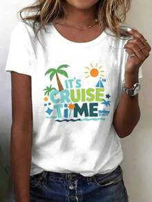 Summer Bestsellers V-Neck T-Shirt With Standard Cruise Time Graphic Tee Suitable For Daily Life Leisure And The Best Choice Women Size S-3XL - White - View 1