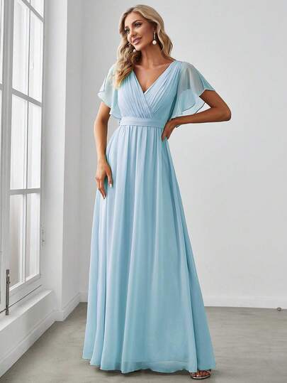 Spring Elegant V-Neck Ruffle Flare Sleeve Chiffon Light Blue Bridesmaid Dress Wedding Guest Dress Long Semi Formal Dress For Wedding Dinner