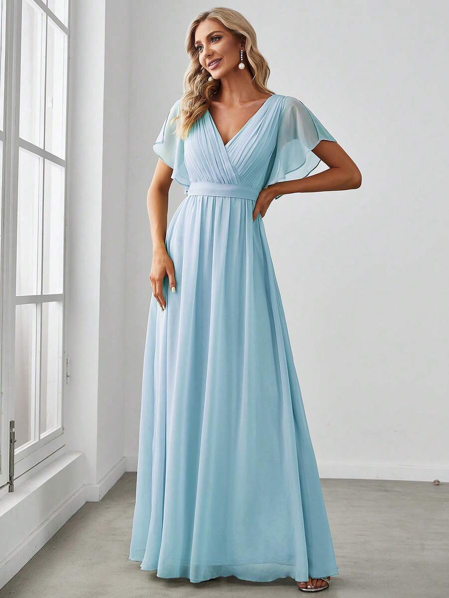 EVERPRETTY Đầm phù dâu màu xanh nhạt bằng chiffon, cổ chữ V, tay bồng, xếp ly, kiểu dáng thanh lịch, thích hợp cho khách dự đám cưới. - Màu xanh nhạt - Xem 1
