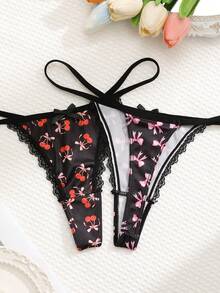 5 chiếc quần lót dây nữ in họa tiết/màu trơn, thoải mái, phối ren. - màu đen - Xem 4